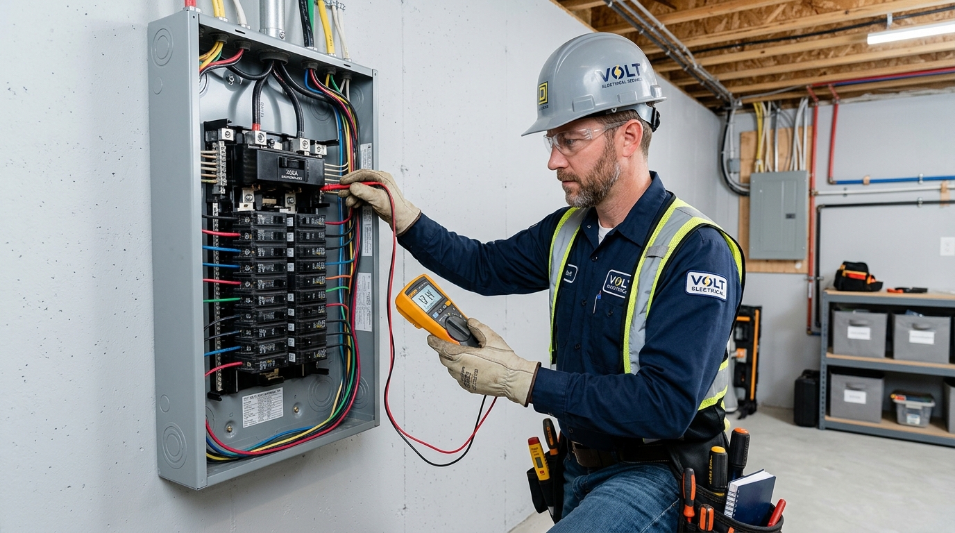 JS Electrical Services licensed electrician inspecting a 200 amp electrical panel upgrade in a Pickering home
